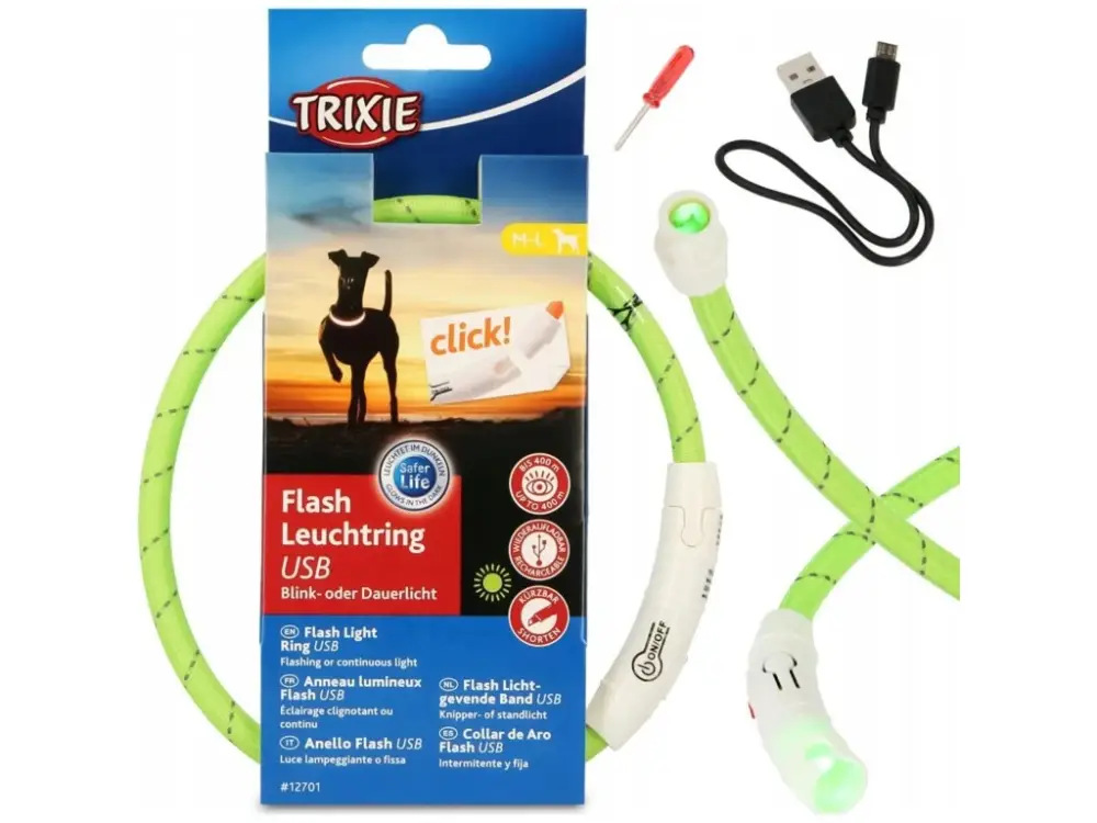 Finální Výprodej Trixie obojek Svítící kroužek USB, zelený L-XL 65cm/7mm