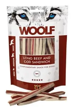 Značkový WOOLF pochoutka soft beef and cod sandwich long 100g