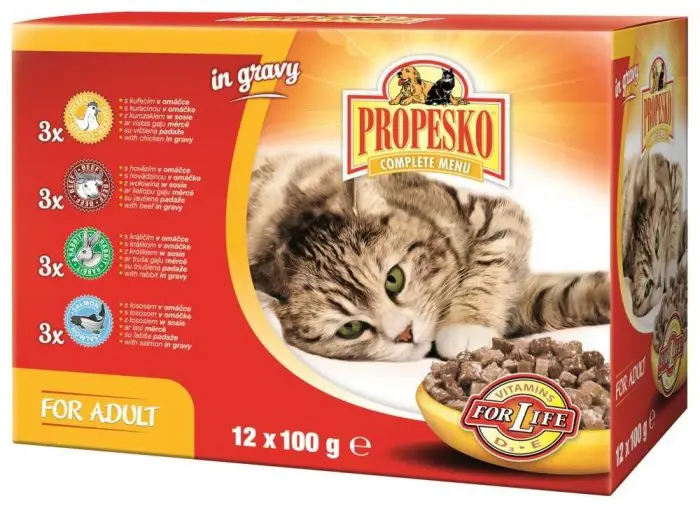 PROPESKO Cat hovězí, kuřecí, jehněčí a zvěřina, kapsa 100 g (pack 12 ks) Akční Cena