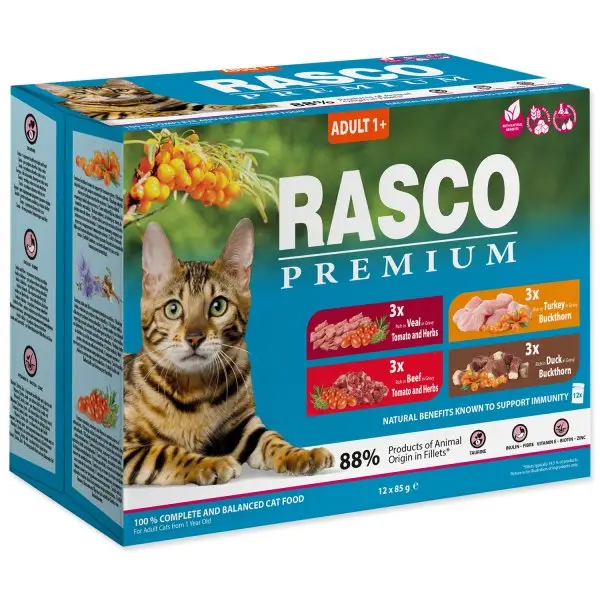 Rasco Premium Cat Pouch Adult, 3x beef ; 3xveal ; 3x turkey, 3x duck 12x85g Rychlé Dodání