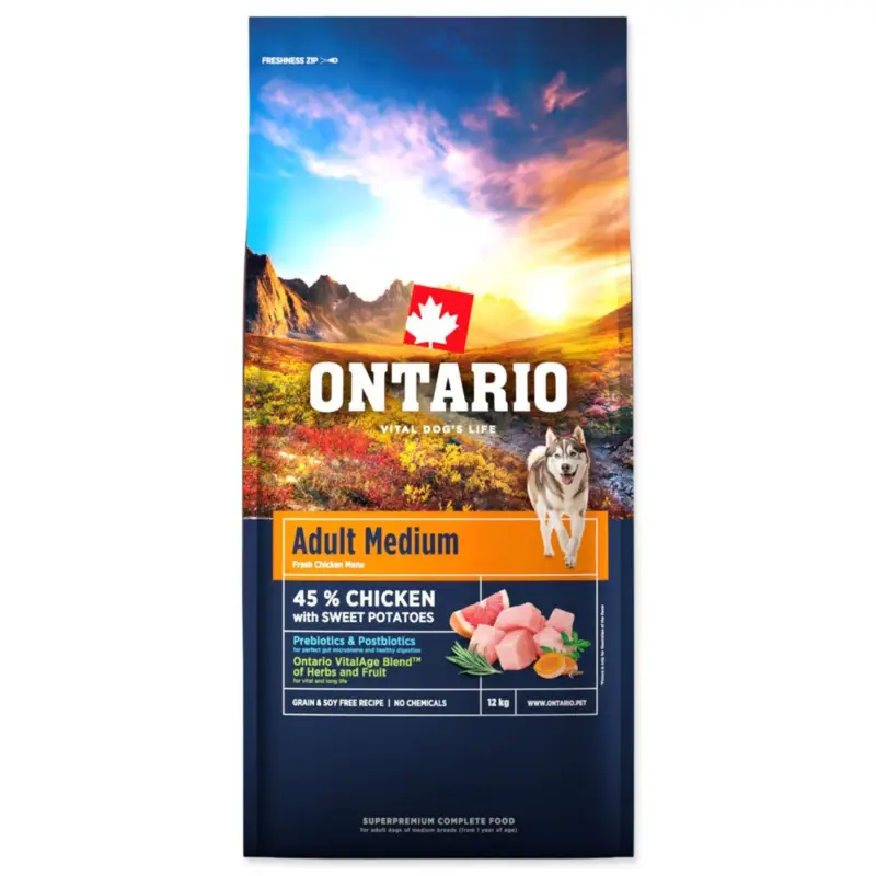 Ontario Adult Medium Chicken & Sweet Potatoes 12kg+ dárek Kostičky masové 10ks Koupit Online