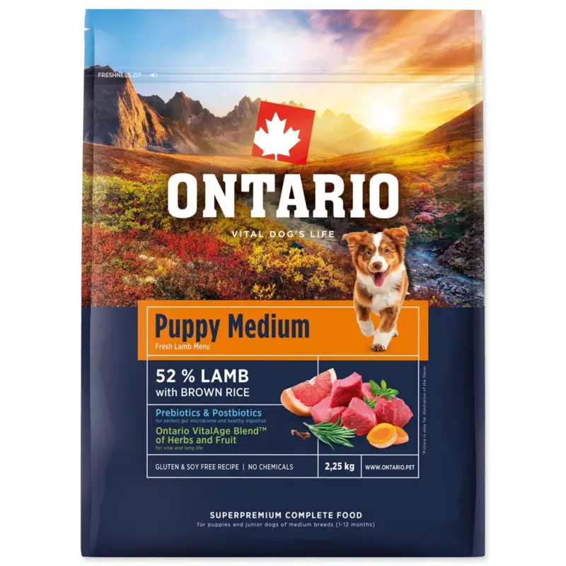 Ontario Puppy Medium Lamb & Brown Rice 2,25kg Novinka
