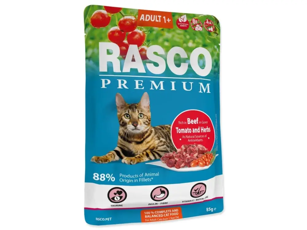 Kapsička Rasco Premium Adult hovězí s rajčaty a bylinkami 85g Dokud Zásoby Vydrží