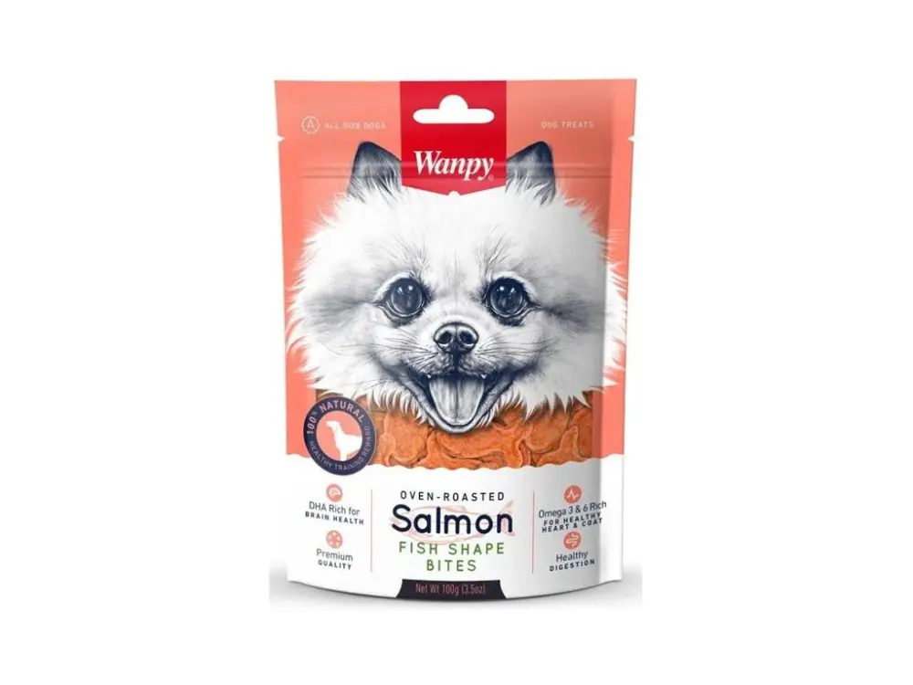 Autentický Wanpy Dog Salmon Fish Shape bites 100g