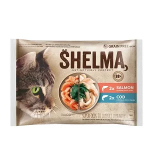Autentický SHELMA Cat losos a treska, kapsa 85 g (4 pack)