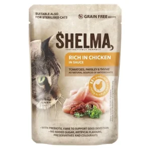 Koupit Online SHELMA Cat kuřecí s rajčaty a bylinkami v omáčce, kapsa 85 g
