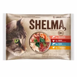 Aktuální SHELMA Cat kapsička kuře, hovězí, losos a treska 4x85g