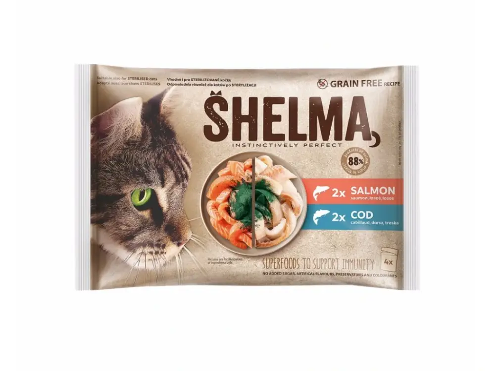 SHELMA Cat kapsička losos a treska 4x85g Vrácení Zdarma