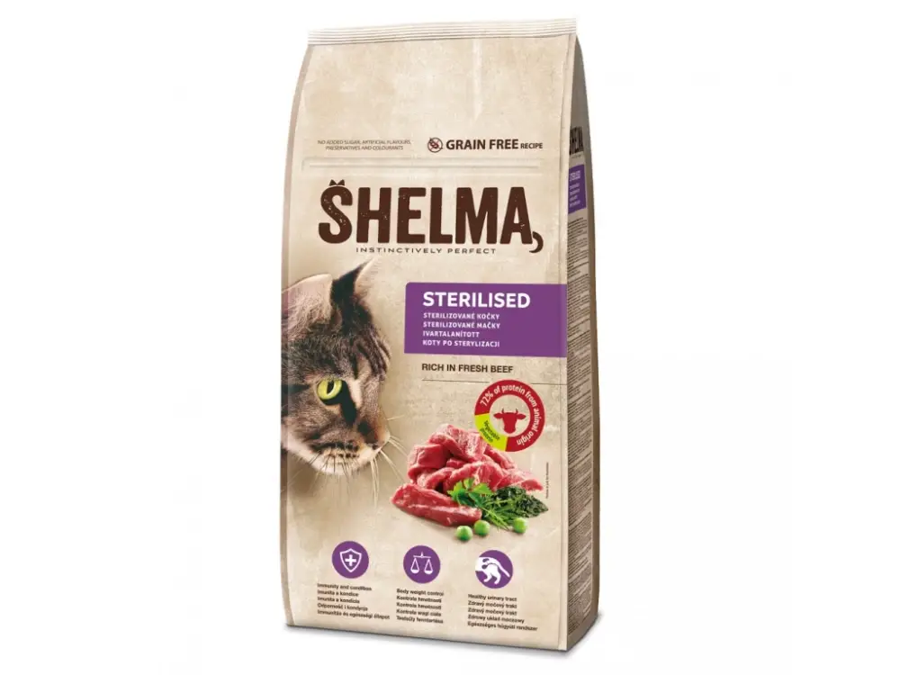 Finální Výprodej SHELMA Cat Sterilised Beef GF 8 kg