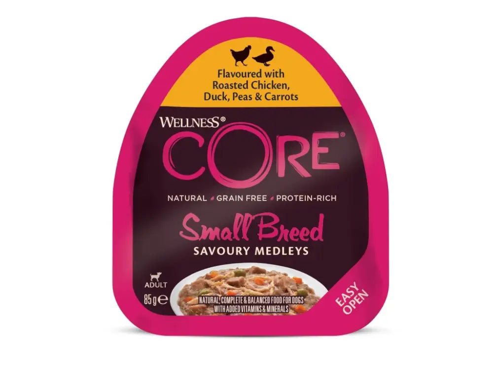 Konzerva Wellness Core Dog Savoury Medleys Adult Small kuře, kachna, hrášek a mrkev 85g Tovární Cena