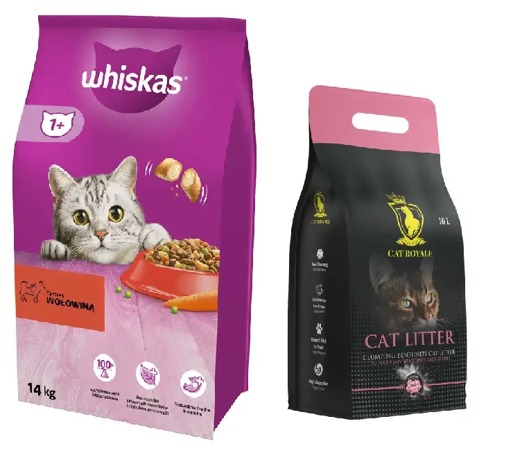WHISKAS Adult hovězí 14 kg + Cat Royale Baby Powder bentonitová drť 10l Speciální Cena
