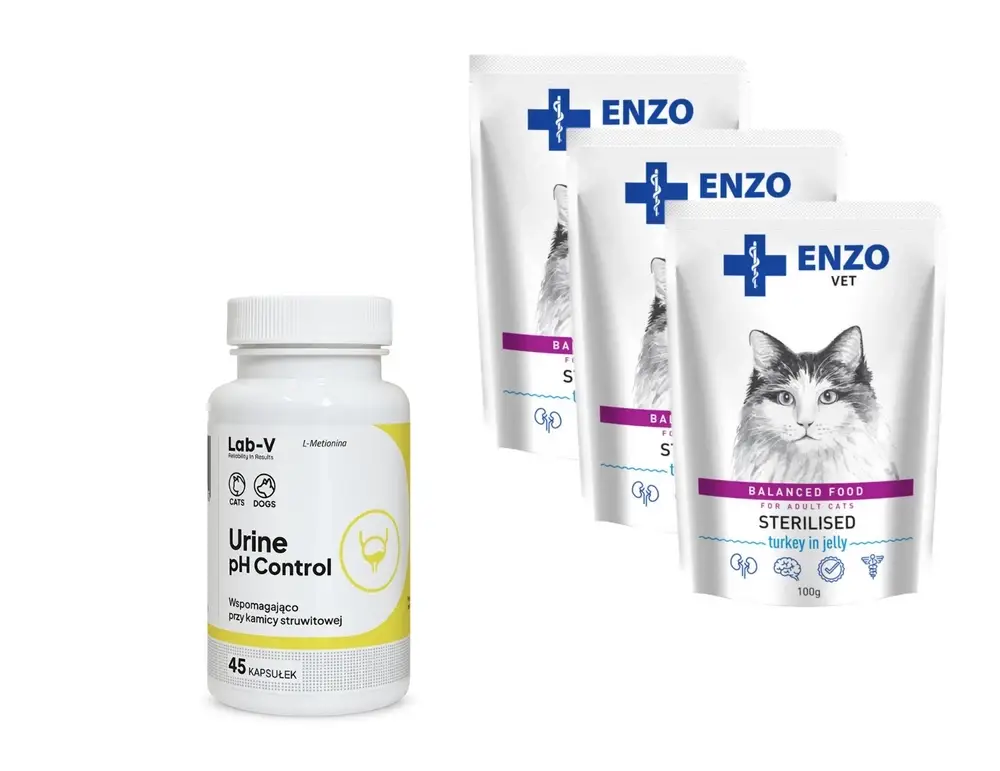 Levný ENZO VET Sterilised dieta pro sterilizované kočky s krůtím masem v želé 3x100g + LAB-V Urine pH Control 45 tablet