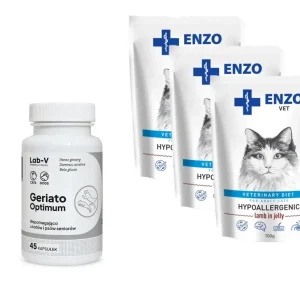 Horká Nabídka ENZO VET Hypoallergenicpro kočky s jehněčím masem v želé 3x100g + LAB-V Geriato Optimum 45 tablet
