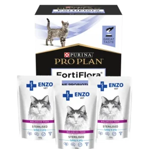 Pouze Dnes Purina VD Feline Fortiflora 30 x 1 g + 3 x ENZO VET Sterilised dieta pro sterilizované kočky s krůtím masem v želé 100g