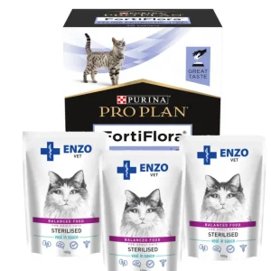 Vysoce Kvalitní Purina VD Feline Fortiflora 30 x 1 g + 3 x ENZO VET Sterilised s telecím masem v omáčce 100g