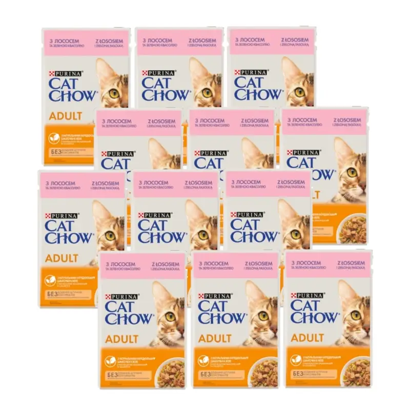 PURINA Cat Chow Krmivo pro dospělé kočky s lososem a zelenými fazolkami v želé 12x85g Novinka