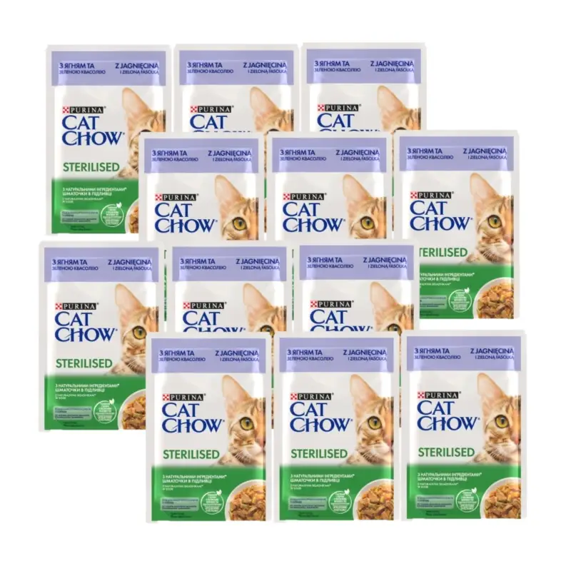 Aktuální CAT CHOW Sterilizované krmivo s jehněčím masem a zelenými fazolkami s omáčkou 12x85g