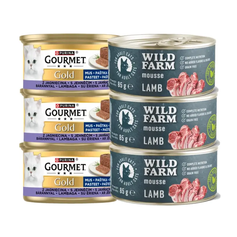 Purina Gourmet Gold pěna s jehněčím masem 3x85g + WILD FARM Mousse Lamb 3x85g - pěna pro kočky bez obilovin Jen Po Omezenou Doba