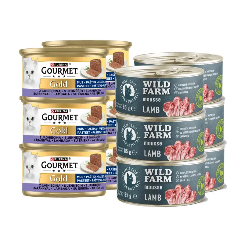 Sezónní Sleva Purina Gourmet Gold pěna s jehněčím 6x85g + WILD FARM Mousse Lamb 6x85g - pěna pro kočky bez obilovin
