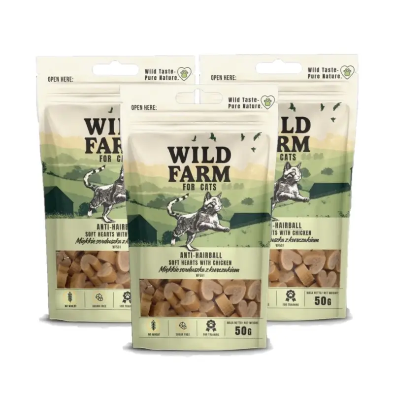 Akční Cena WILD FARM anti-hairball měkká kuřecí srdíčka 3x50g pamlsky pro kočky