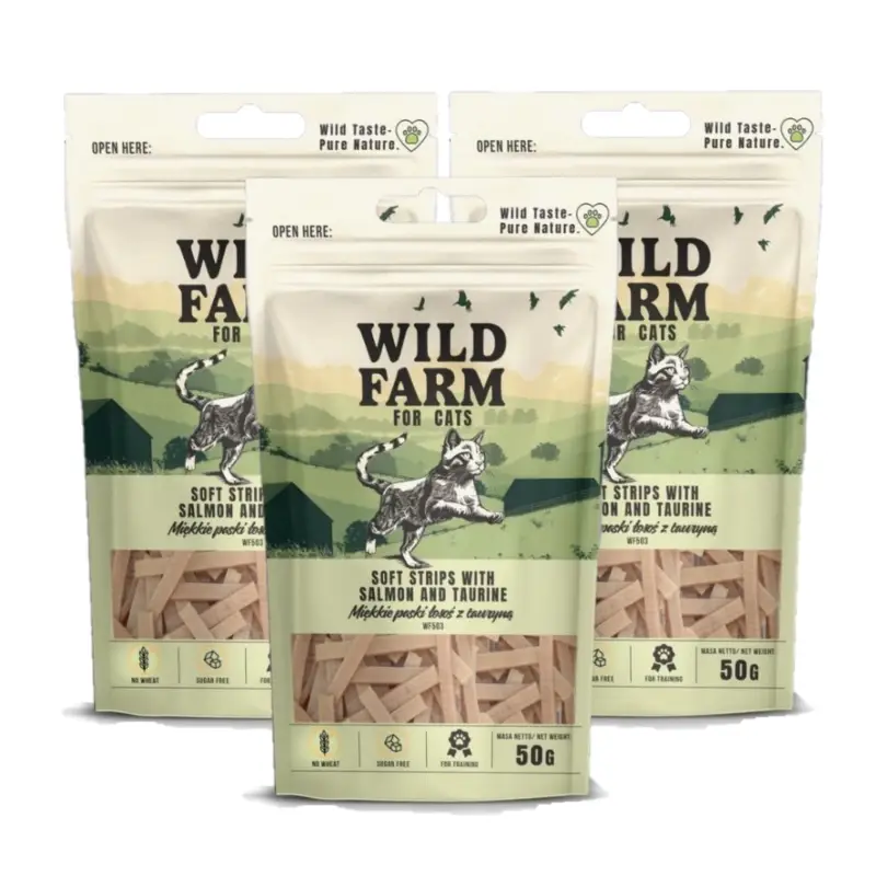 Ověřený WILD FARM měkké proužky z lososa s taurinem 3x50g pamlsek pro kočky