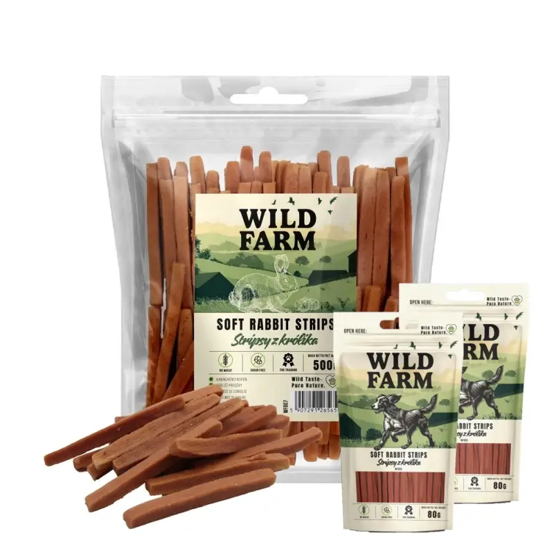 WILD FARM Rabbit Strips 500g pamlsky pro psy + WILD FARM králičí proužky 2x80g Ihned K Objednání