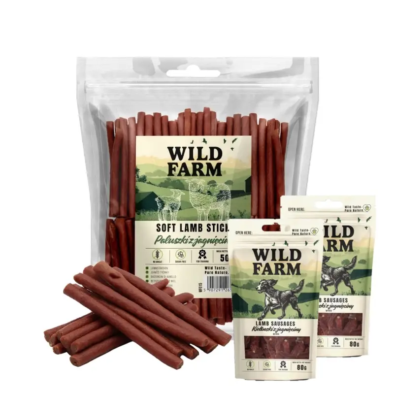 Nejlepší Cena WILD FARM jehněčí tyčinky pro psy 500g + WILD FARM jehněčí klobásky 2x80g