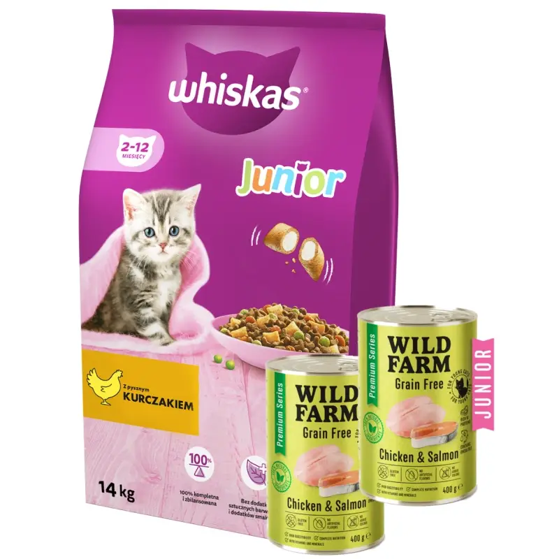 Speciální Cena WHISKAS Junior kuře 14kg + WILD FARM Premium Grain Free Chicken and Salmon Junior 2x400g