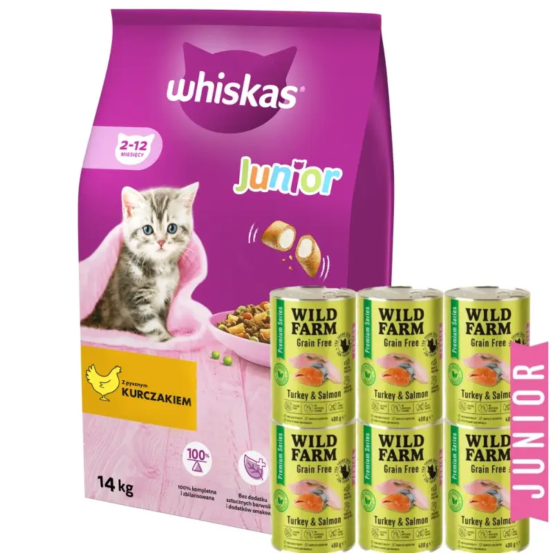 WHISKAS Junior kuře 14kg + WILD FARM Premium Grain Free Turkey and Salmon Junior 6x400g Omezená Nabídka