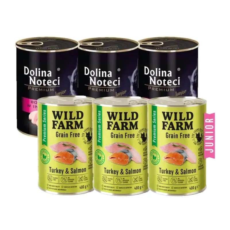 Akční Nabídka Dolina Noteci Premium Junior pro kočky s vysokým obsahem krůtího masa 3x400g + WILD FARM Premium Grain Free Turkey and Salmon 3x400g