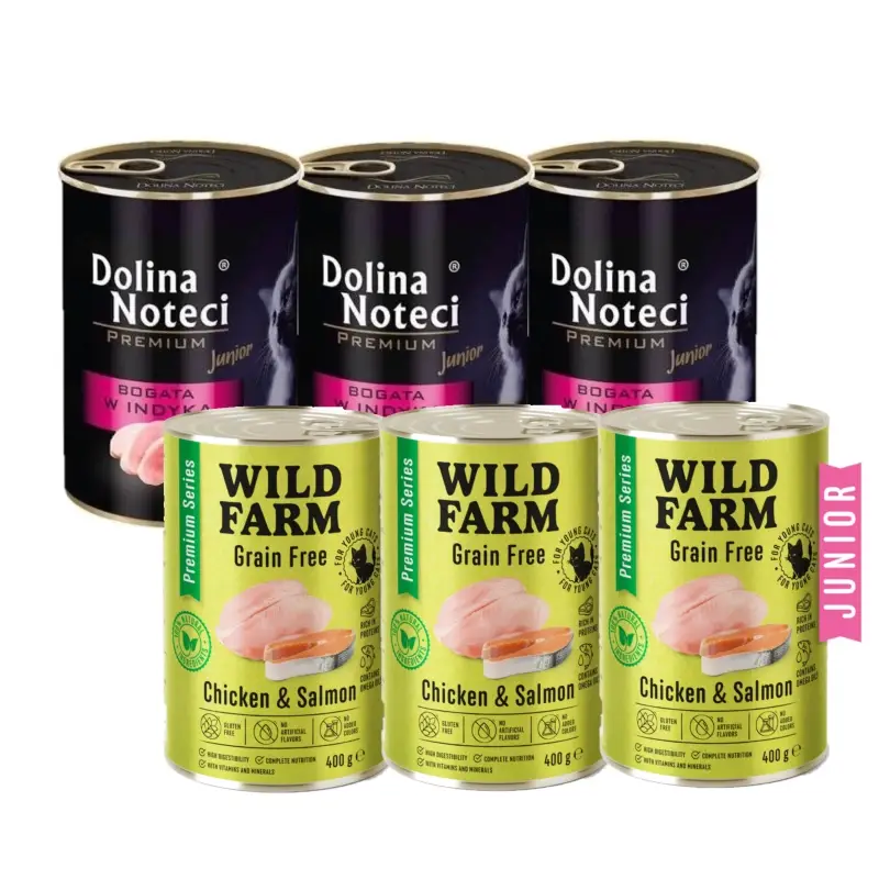 Cenová Bomba Dolina Noteci Premium Junior pro kočky s vysokým obsahem krůtího masa 3x400g + WILD FARM Premium Grain Free Chicken and Salmon 3x400g
