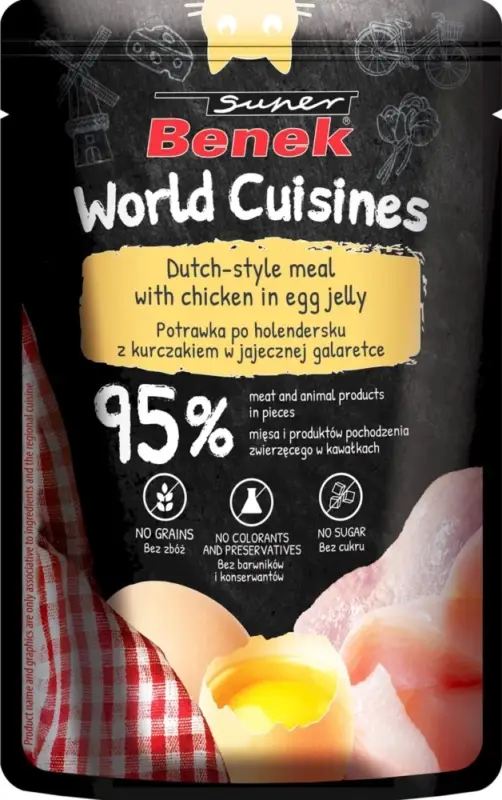 Ověřený Super Benek World Cuisines Kompletní krmivo pro dospělé kočky. Holandské jídlo s kuřecím masem v vaječné želatině 100g