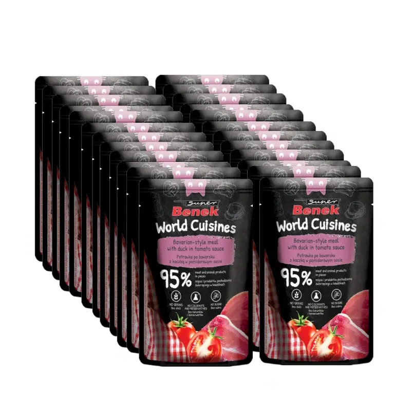 Akční Cena Super Benek World Cuisines Kompletní krmivo pro dospělé kočky. Bavorská dušená kachna v rajčatové omáčce 24x100g