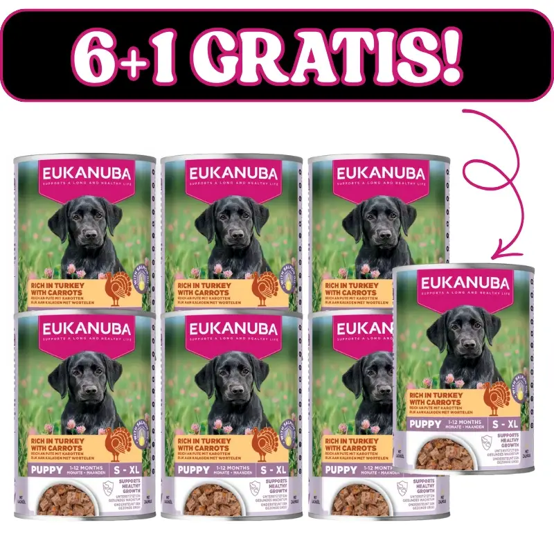 Objednat Nyní EUKANUBA Mokré krmivo pro štěňata, bohaté na krůtí maso a mrkev 6x400g + 400g Gratis