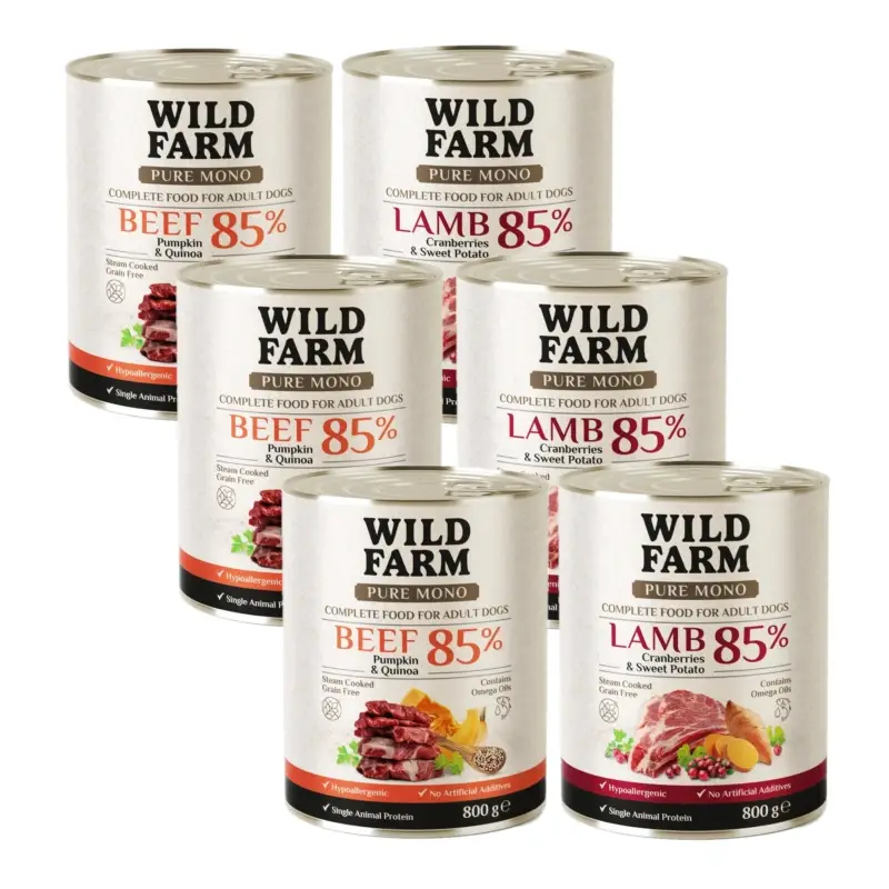 WILD FARM PURE MONO Mix příchutí 6x800g – krmivo pro psy s jedním zdrojem bílkovin Must-Have