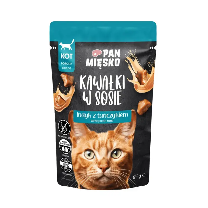 PAN MIĘSKO Kousky v omáčce Krůtí maso s tuňákem 85 g pro kočky Rychlé Dodání