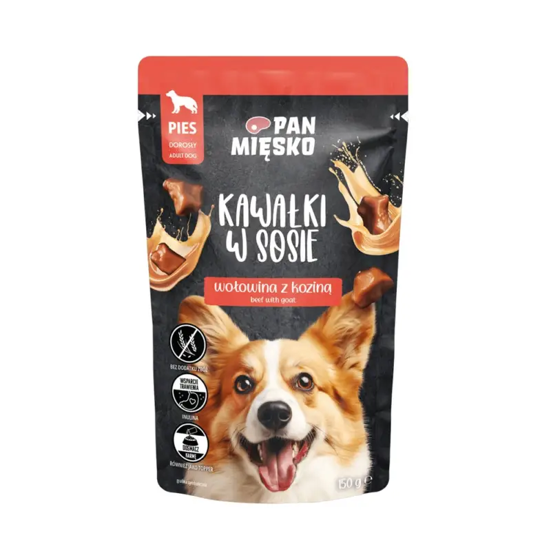 Nízká Cena PAN MIĘSKO Kousky v omáčce Hovězí s kozím masem 150 g pro psy