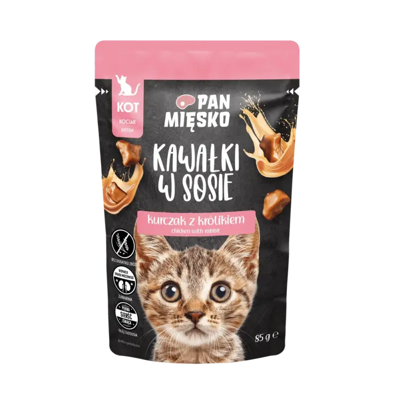 Vysoce Kvalitní PAN MIĘSKO Kousky v omáčce Kuře s králíkem 85 g pro koťata
