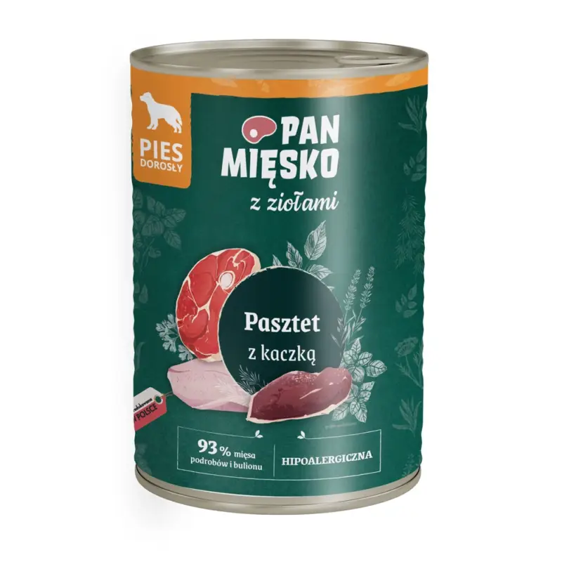 PAN MIĘSKO s bylinkami – paštika s kachnou, mokré krmivo pro psy, 400 g Finální Výprodej