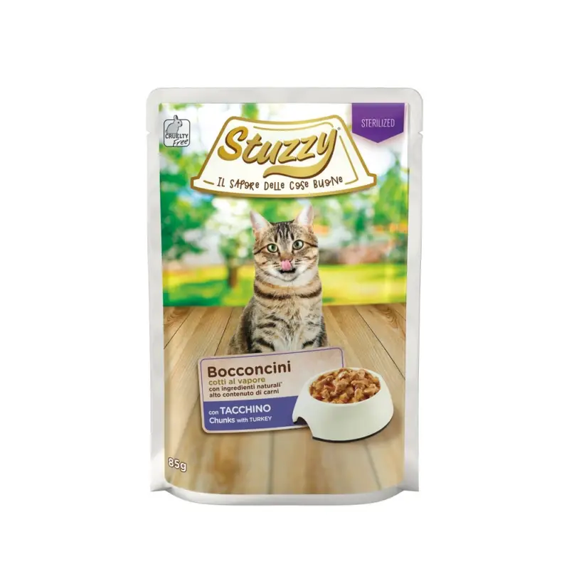Stuzzy Bocconcini Sterilized, mokré krmivo pro kočky, krůtí maso v omáčce, 85 g, sáček, po sterilizaci Dokud Zásoby Vydrží