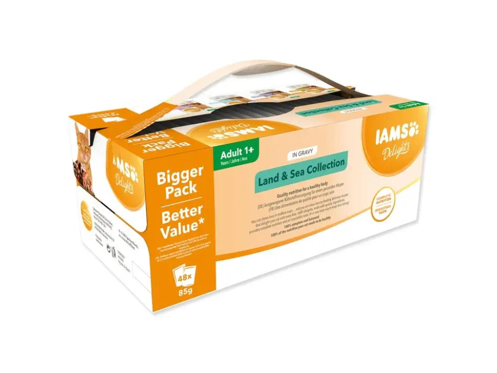 Ověřený IAMS kapsička výběr z mořských a suchozemských mas v omáčce multipack 4080 g